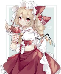 Rule 34 | 1girl, ascot, blonde hair, blush, border, bow, chocolate syrup, commentary, crystal, eating, flandre scarlet, food, food-themed hair ornament, frilled sailor collar, frilled shirt collar, frills, fruit, green background, hair ornament, hat, hat bow, heart, highres, holding, holding food, holding spoon, ice cream, looking at viewer, looking back, medium hair, mob cap, one side up, parfait, puffy short sleeves, puffy sleeves, red bow, red eyes, red skirt, sailor collar, shirt, short sleeves, side ponytail, sidelocks, simple background, skirt, solo, sorani (kaeru0768), spoon, strawberry, strawberry hair ornament, touhou, upper body, white hat, white shirt, wings, wrist cuffs, yellow ascot