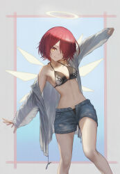 Rule 34 | 1girl, ;), absurdres, arknights, bare legs, bare shoulders, bikini, black bikini, breasts, commentary, commentary request, exusiai (arknights), feet out of frame, female focus, grey shorts, hair over one eye, halo, head tilt, highres, jacket, large breasts, long sleeves, looking at viewer, navel, off shoulder, one eye closed, open clothes, open fly, open jacket, partial commentary, red hair, short hair, short shorts, shorts, smile, solo, standing, stomach, swimsuit, thighs, white jacket, yasu (segawahiroyasu), yellow eyes