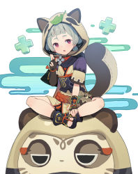 Rule 34 | 1girl, animal ears, animal hood, black scarf, blunt bangs, commentary request, ddal, fake animal ears, fake tail, genshin impact, hair between eyes, highres, hood, indian style, japanese clothes, leaf, leaf on head, looking at viewer, muji-muji daruma (genshin impact), ninja, parted lips, pouch, purple eyes, raccoon ears, raccoon tail, sayu (genshin impact), scarf, short hair, shuriken, sidelocks, silver hair, simple background, sitting, solo, tail, weapon, white background