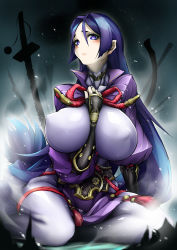 Rule 34 | 1girl, absurdres, between breasts, blush, bodysuit, breasts, cleavage, covered erect nipples, fate/grand order, fate (series), fingerless gloves, gloves, highres, huge breasts, long hair, looking at viewer, minamoto no raikou (fate), purple eyes, purple hair, solo, very long hair, yotaro