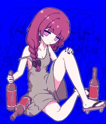 Rule 34 | 1girl, @ @, alcohol, bare legs, black bow, black nails, blue background, blunt bangs, bocchi the rock!, bottle, bow, braid, breasts, chibikki, cleavage, closed mouth, dot mouth, dress, drink, drunk, full body, geta, grey dress, hair bow, hair over shoulder, hand on own knee, highres, hiroi kikuri, holding, holding bottle, holding drink, knee up, long hair, multiple views, nail polish, off shoulder, outline, pink eyes, pixel art, purple hair, single braid, sitting, sleeveless, sleeveless dress, small breasts, white outline