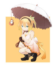 Rule 34 | &gt;:), 1girl, absurdres, bare arms, bare shoulders, black choker, black footwear, black gloves, blonde hair, boots, choker, closed mouth, collarbone, dress, edna (tales), gloves, hair between eyes, highres, holding, holding umbrella, long hair, looking at viewer, ririka (ab-yuri), side ponytail, sidelocks, single glove, sleeveless, sleeveless dress, smile, solo, squatting, tales of (series), tales of zestiria, two-tone background, umbrella, v-shaped eyebrows, white background, white dress, white umbrella, yellow background
