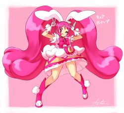 Rule 34 | 10s, 1girl, ;q, animal ears, cure whip, earrings, extra ears, full body, gloves, hair ornament, jewelry, kamiyama teten, kirakira precure a la mode, long hair, looking at viewer, magical girl, one eye closed, pink background, pink eyes, pink hair, pom pom (clothes), pom pom earrings, precure, rabbit ears, signature, simple background, skirt, solo, tongue, tongue out, twintails, usami ichika, v, very long hair, white gloves