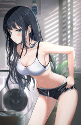 Rule 34 | 1girl, armpits, bare arms, bare shoulders, black hair, black shorts, window blinds, blue eyes, bra, breasts, caba (caba091), cleavage, closed mouth, collarbone, cowboy shot, day, dolphin shorts, drawstring, earrings, expressionless, highres, indoors, jewelry, large breasts, leaning forward, long hair, looking at viewer, micro shorts, midriff, mole, mole under eye, navel, original, panties, short shorts, shorts, sidelocks, solo, standing, stomach, thighs, underwear, undressing, washing machine, white bra, white panties
