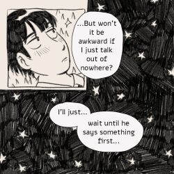 Rule 34 | 1boy, blush, closed mouth, comic, commentary, english commentary, english text, greyscale, kageyama shigeo, male focus, metukika, mob psycho 100, monochrome, short hair, solo, star (symbol), thought bubble