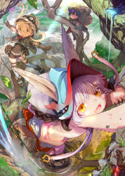 Rule 34 | 1boy, 1girl, 1other, :o, absurdres, animal ears, backpack, bag, blonde hair, climbing, ears through headwear, fangs, furry, glasses, gloves, green eyes, helmet, highres, lizard, long hair, looking at viewer, made in abyss, mikazuki akira!, nanachi (made in abyss), open mouth, regu (made in abyss), riko (made in abyss), scenery, standing, standing on one leg, thighhighs, twintails, whistle, whistle around neck, white hair, yellow eyes