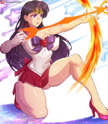 Rule 34 | 1girl, arrow (projectile), bishoujo senshi sailor moon, bow, bow (weapon), choker, circlet, drawing bow, earrings, elbow gloves, female focus, fighting stance, fire, gloves, heart, high heels, hino rei, holding, holding bow (weapon), holding weapon, jewelry, long hair, on one knee, open mouth, outstretched arm, patreon username, pleated skirt, purple bow, purple eyes, purple hair, red skirt, redjet, sailor collar, sailor mars, sailor senshi, sailor senshi uniform, skirt, solo, star (symbol), weapon, white background