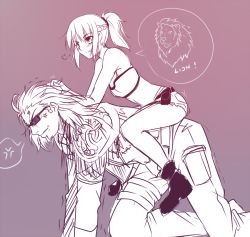 Rule 34 | 1boy, 1girl, all fours, anger vein, bad id, bad pixiv id, bare shoulders, boots, braid, casual, cutoffs, fate/apocrypha, fate (series), french braid, lion, long hair, monochrome, mordred (fate), mordred (fate/apocrypha), mordred (memories at trifas) (fate), ponytail, pun, riding, scrunchie, shishigou kairi, short shorts, shorts, simple background, sitting, sitting on person, strapless, sunglasses, tube top, tusia