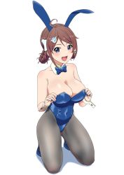 Rule 34 | 1girl, animal ears, areola slip, armlet, black pantyhose, blue eyes, blue footwear, blue leotard, blush, boots, braid, braided hair rings, breasts, brown hair, chougei (kancolle), cleavage, commentary, fake animal ears, hair ornament, hair rings, hairclip, high heel boots, high heels, highres, holding, holding clothes, kantai collection, kneeling, large breasts, leotard, long hair, mikan 29344886, open mouth, pantyhose, playboy bunny, rabbit ears, shadow, simple background, smile, solo, twin braids, white background