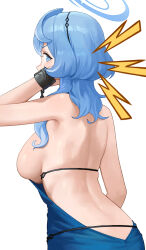 Rule 34 | 1girl, ako (blue archive), ako (dress) (blue archive), ass, back, backless dress, backless outfit, bare shoulders, blue archive, blue dress, blue eyes, blue hair, breasts, chain, cuffs, dress, hair between eyes, hairband, halo, highres, large breasts, looking at viewer, looking back, medium hair, nhaliz, official alternate costume, shackles, sideboob, solo