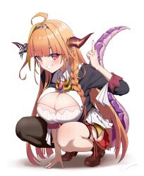 Rule 34 | 1girl, absurdres, ahoge, black hairband, black thighhighs, braid, breasts, brown footwear, cleavage, cleavage cutout, clenched teeth, clothing cutout, dragon girl, dragon horns, dragon tail, full body, hairband, highres, hololive, horns, index finger raised, kiryu coco, kiryu coco (1st costume), large breasts, loafers, long hair, looking at viewer, orange hair, pointy ears, red eyes, shoes, signature, simple background, single braid, single thighhigh, smile, solo, squatting, tail, teeth, thighhighs, virtual youtuber, white background, yo na
