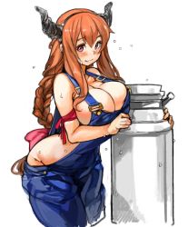 Rule 34 | 10s, 1girl, ass, bare shoulders, blush, braid, breasts, brown hair, cleavage, curvy, fake horns, horns, huge breasts, large breasts, long hair, looking at viewer, maou (maoyuu), maoyuu maou yuusha, naked overalls, overalls, purple eyes, red eyes, red hair, revealing clothes, sachito, sideboob, simple background, smile, solo, sweat, thick thighs, thighs, white background, wide hips
