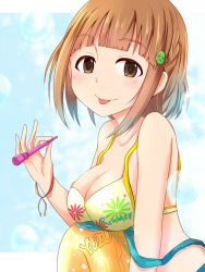 Rule 34 | 10s, 1girl, bikini, breasts, brown eyes, brown hair, blowing bubbles, collarbone, female focus, gradient background, hair ornament, hairclip, idolmaster, idolmaster cinderella girls, kitami yuzu, large breasts, looking at viewer, ram hachimin, smile, solo, swimsuit, tongue, tongue out