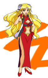 Rule 34 | 00s, 1girl, bare legs, blonde hair, bracelet, bridal gauntlets, brown eyes, character name, cleavage cutout, clothing cutout, dress, facial mark, forehead mark, galaxy angel, gloves, hair ornament, hairclip, high heels, jewelry, long hair, looking at viewer, navel cutout, pelvic curtain, ranpha franboise, red footwear, shoes, side slit, simple background, solo, tagme, very long hair