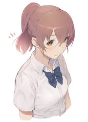 Rule 34 | 1girl, blue bow, blush, bow, bowtie, breasts, brown eyes, brown hair, colored skin, commentary request, ikuchan kaoru, koe no katachi, looking at viewer, medium hair, multicolored skin, nishimiya shouko, ponytail, shadow, shirt, short sleeves, sidelocks, simple background, small breasts, smile, solo, upper body, white background, white shirt