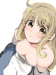 Rule 34 | 1girl, absurdres, arc the lad, arc the lad ii, bare shoulders, blonde hair, breasts, brown eyes, cleavage, closed mouth, collarbone, dress, highres, lieza (arc the lad), long hair, looking at viewer, medium breasts, shimura (hosshi), simple background, sketch, smile, solo, white background