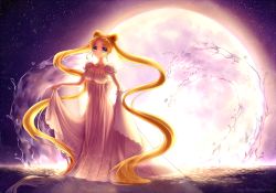 Rule 34 | 1girl, absurdly long hair, backlighting, bishoujo senshi sailor moon, blonde hair, blue eyes, chanzie, crescent, crescent facial mark, double bun, dress, earrings, facial mark, forehead mark, jewelry, long dress, long hair, moon, princess serenity, skirt hold, sky, solo, standing, standing on liquid, star (sky), starry sky, tsukino usagi, twintails, very long hair, water, watermark, web address, white dress