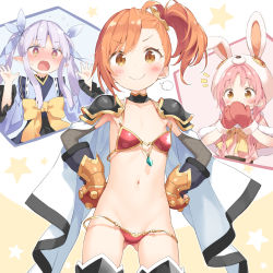 Rule 34 | &gt;:), 3girls, animal ears, animal hat, armor, bikini, bikini armor, black gloves, black skirt, blue kimono, blush, bow, braid, brown eyes, brown hair, button eyes, buttons, capelet, child, closed mouth, collarbone, commentary request, covering own mouth, detached sleeves, fake animal ears, fingerless gloves, fishnet sleeves, fishnets, fur-trimmed capelet, fur trim, gloves, gluteal fold, grey sleeves, groin, hands on own hips, hat, highres, japanese clothes, kani biimu, kimono, kyoka (princess connect!), long hair, long sleeves, mimi (princess connect!), misogi (princess connect!), mittens, multiple girls, navel, nose blush, notice lines, oversized clothes, parted bangs, pauldrons, pink capelet, pink hair, pink shirt, pointy ears, princess connect!, purple hair, rabbit ears, rabbit hat, red armor, red mittens, shirt, shoulder armor, side ponytail, skirt, smile, sweat, swimsuit, twin braids, twintails, v-shaped eyebrows, very long hair, wavy mouth, white headwear, yellow bow