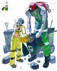 Rule 34 | 1boy, 1girl, android, baseball cap, blue hair, grin, hair over one eye, hat, highres, jumpsuit, liquid soap, looking down, navel, original, pants, radioactive, ramon nunez, reference inset, robot, rock, rubble, shoes, simple background, sleeveless, smile, sponge, trash can, white background, yellow pants
