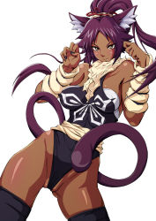 Rule 34 | 1girl, animal ears, bare shoulders, bleach, blush, breasts, cameltoe, cat ears, cat girl, cat tail, dark skin, dark-skinned female, covered erect nipples, female focus, fingernails, jeibii, long hair, looking at viewer, nipples, paw pose, ponytail, purple hair, shihouin yoruichi, smile, solo, tail, thighhighs, very dark skin, yellow eyes