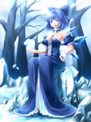 Rule 34 | 1girl, bare shoulders, branch, breasts, bug, butterfly, cirno, cleavage, detached collar, detached sleeves, dress, hand on own hip, high heels, highres, hip focus, bug, jewelry, necklace, aged up, open mouth, shiromiza kana, siromiza, sitting, sky, smile, snow, solo, touhou, tree