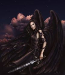 Rule 34 | 1girl, angel, black theme, black wings, dark, dress, from side, holding, holding sword, holding weapon, sky, solo, star (sky), starry sky, sword, weapon, wings