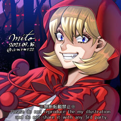 Rule 34 | 1girl, blonde hair, blue eyes, bulleta, cloak, commentary, crazy eyes, crazy grin, crazy smile, dated, english text, engrish text, fangs, glowing, glowing eyes, grin, highres, medium hair, mito amatsu, portrait, ranguage, red cloak, red hood, signature, smile, tree, twitter username, vampire (game), watermark