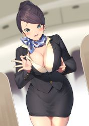 Rule 34 | 1girl, aircraft, airplane, airplane interior, black skirt, blazer, blurry, blush, breast hold, breasts, cleavage, clothes pull, flight attendant, formal, green eyes, hair up, handkerchief, hat, highres, itohana, jacket, large breasts, leaning forward, legs together, looking at viewer, motion lines, open mouth, original, pencil skirt, scarf, shirt pull, skirt, skirt suit, solo, standing, suit, swept bangs, thighs, travel attendant, uniform, updo