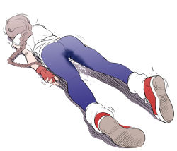 Rule 34 | 1girl, absurdres, ass, braid, braided ponytail, brown hair, cyrano (aazzss3), dougi, fingerless gloves, gloves, highres, leggings, long hair, lying, on stomach, pussy juice, ryuuko no ken, shoes, simple background, single braid, sneakers, solo, the king of fighters, white background, yuri sakazaki
