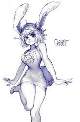Rule 34 | 1girl, animal ears, breasts, carrot (one piece), character name, cleavage, clothes writing, furry, furry female, highres, monochrome, narrow waist, one piece, rabbit ears, rabbit girl, rabbit tail, short hair, simple background, skindentation, solo, tail, the golden smurf, third-party source