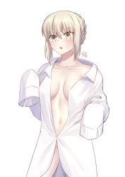 Rule 34 | 1girl, artoria pendragon (all), artoria pendragon (fate), blonde hair, blush, braid, breasts, collarbone, dress shirt, fate/stay night, fate (series), french braid, gogatsu fukuin, hair between eyes, highres, long hair, looking at viewer, navel, open clothes, open mouth, open shirt, saber alter, shirt, simple background, sleeves past fingers, sleeves past wrists, small breasts, solo, white background, white shirt, yellow eyes