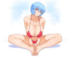 Rule 34 | 1girl, absurdres, ayanami rei, bare arms, bare legs, barefoot, bikini, blue hair, blush, breasts, cleavage, covered erect nipples, feet, highres, huge breasts, legs, looking at viewer, mogudan, neon genesis evangelion, own hands together, parted lips, red bikini, red eyes, short hair, simple background, sitting, solo, swimsuit, thighs, white background