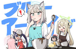 Rule 34 | 5girls, animal ears, ayane (blue archive), batter, blue archive, butter, chibi, chocolate, chocolate making, cooking, crying, dirty, dirty clothes, closed eyes, food, food in mouth, food on clothes, glasses, halo, highres, holding, holding whisk, hoshino (blue archive), junsuina fujunbutsu, licking, licking finger, mixing bowl, multiple girls, nonomi (blue archive), serika (blue archive), shiroko (blue archive), translation request, whisk
