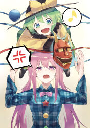 Rule 34 | 2girls, :d, absurdres, anger vein, angry, arms on head, blouse, blue shirt, blush, bow, bowtie, collared shirt, commentary request, facing viewer, frilled sleeves, frills, green eyes, green hair, hair between eyes, happy, hat, hat bow, hata no kokoro, highres, komeiji koishi, leaning on person, long hair, long sleeves, looking at another, looking down, looking up, mask, mask on head, medium hair, multiple girls, musical note, oni mask, open mouth, pink bow, pink bowtie, plaid, plaid shirt, rice (okome no naru ki), shirt, smile, spoken anger vein, spoken musical note, star button, touhou, upper body, very long hair, yellow bow, yellow shirt