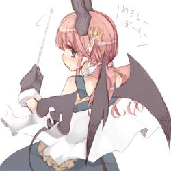 Rule 34 | 1girl, blush, demon girl, from behind, gloves, horns, long hair, looking back, monorino, original, pointy ears, simple background, smile, solo, translation request, white background, wings
