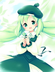 Rule 34 | 1girl, :d, aikei ake, beret, blush, clover, collared shirt, commentary request, dress, four-leaf clover, green dress, green eyes, green hair, green hat, hat, head tilt, highres, holding, long hair, long sleeves, looking at viewer, neck ribbon, open mouth, original, puffy long sleeves, puffy sleeves, ribbon, shirt, sleeveless, sleeveless dress, smile, solo, twintails, very long hair, white ribbon, white shirt
