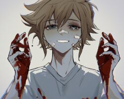 Rule 34 | 1boy, aqua eyes, bandaid, bandaid on face, bandaid on nose, basil (faraway) (omori), basil (omori), blonde hair, blood, blood on clothes, blood on hands, grin, highres, hisenzs, looking at viewer, official alternate costume, omori, shirt, short hair, smile, solo, spoilers, tearing up, white shirt