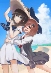 Rule 34 | 2girls, ahoge, beach, bespectacled, black hair, black vest, blue bow, blue eyes, blue sky, bow, bracelet, braid, cloud, collared shirt, cosplay, costume switch, day, dress, dress shirt, glasses, grey skirt, hair flaps, hair over shoulder, hat, highres, horizon, hug, hug from behind, jewelry, kantai collection, long hair, multiple girls, necktie, ocean, open mouth, outdoors, plaid, plaid skirt, red-framed eyewear, red necktie, shigure (kancolle), shigure kai ni (kancolle), shigure kai ni (kancolle) (cosplay), shirt, single braid, skirt, sky, smile, straw hat, sundress, vest, white dress, white headwear, white shirt, yuki 4040, yukikaze (kancolle), yukikaze (kancolle) (cosplay)