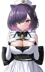 Rule 34 | 1girl, azur lane, back bow, bare shoulders, bell, black bow, black bowtie, black wrist cuffs, bob cut, bow, bowtie, breasts, cleavage, closed mouth, commentary, commission, cone hair bun, cowboy shot, dress, elbow gloves, gloves, hair bun, hair over one eye, hair ribbon, hands on own chest, hat, highres, jervis (azur lane), large breasts, looking at viewer, neck bell, nurse cap, pixiv commission, purple eyes, purple hair, ribbon, short hair, sidelocks, simple background, sleeveless, sleeveless dress, solo, standing, white background, white dress, white gloves, white ribbon, wrist cuffs, wynnblue