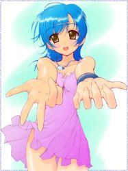 Rule 34 | 00s, 1girl, :d, asymmetrical bangs, bad perspective, bangle, blue hair, blush, border, bracelet, breasts, brown eyes, cleavage, collarbone, cowboy shot, dress, foreshortening, gradient background, hair ornament, hairclip, houshou hanon, jewelry, long hair, looking at viewer, mak, mermaid melody pichi pichi pitch, open mouth, outstretched arms, pink dress, sleeveless, sleeveless dress, small breasts, smile, solo, standing, sundress, tan, tareme, thigh gap