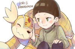 Rule 34 | 00s, 1boy, armadimon, ayame (artist), black hair, blush, character name, child, closed eyes, digimon, digimon (creature), digimon adventure 02, green eyes, hida iori, long sleeves, male focus, short hair, simple background, smile, white background
