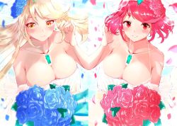 Rule 34 | 2girls, bare arms, bare shoulders, blonde hair, blue flower, blush, bouquet, breasts, chest jewel, cleavage, collarbone, dress, flower, gem, hair flower, hair ornament, highres, large breasts, looking at viewer, multiple girls, mythra (xenoblade), petals, pyra (xenoblade), red eyes, red flower, red hair, risumi (taka-fallcherryblossom), short hair, simple background, smile, spaghetti strap, strap gap, swept bangs, third-party edit, tiara, upper body, wedding, wedding dress, white background, xenoblade chronicles (series), xenoblade chronicles 2, yellow eyes