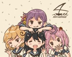 Rule 34 | 10s, 4girls, :p, akebono (kancolle), anniversary, bandaid, bandaid on face, beige background, bell, black hair, rabbit, comic, commentary request, crab, double v, closed eyes, flower, grin, hair bell, hair bobbles, hair flower, hair ornament, hand on another&#039;s shoulder, hand up, hands on another&#039;s head, jingle bell, kantai collection, light brown hair, long hair, looking at viewer, multiple girls, neck ribbon, oboro (kancolle), one eye closed, open mouth, pink hair, purple eyes, purple hair, ribbon, saiguchi otoufu, sazanami (kancolle), school uniform, serafuku, short hair, short sleeves, side ponytail, sidelocks, smile, tongue, tongue out, twintails, ushio (kancolle), v, very long hair, wristband