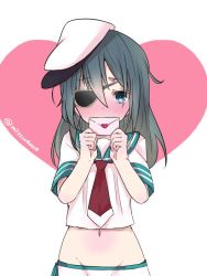 Rule 34 | 10s, 1girl, bad id, bad twitter id, eyepatch, green eyes, green hair, hat, heart, inactive account, kantai collection, kiso (kancolle), letter, long hair, love letter, matching hair/eyes, mitsudoue, navel, school uniform, serafuku, simple background, solo, twitter username