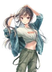 Rule 34 | 1girl, blush, breasts, brown eyes, brown hair, commentary request, cover image, cowboy shot, crossed bangs, denim, denim jacket, green pants, jacket, long hair, looking at viewer, midriff, navel, open clothes, open jacket, pants, parted lips, print shirt, shirt, simple background, small breasts, smile, solo, standing, suou yuki, tenacitysaho, tokidoki bosotto roshia-go de dereru tonari no alya-san, tying hair, white background, white shirt