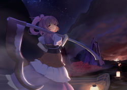 Rule 34 | 1girl, casterluex, cloud, cowboy shot, hair bobbles, hair ornament, hand on own hip, highres, holding, holding scythe, lamp, looking at viewer, mountain, night, night sky, obi, onozuka komachi, open mouth, outdoors, puffy short sleeves, puffy sleeves, red eyes, red hair, sash, scythe, short hair, short sleeves, sky, solo, standing, star (sky), starry sky, touhou, two side up, watercraft