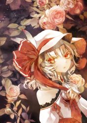 Rule 34 | 1girl, alternate costume, bad id, bad pixiv id, bare shoulders, brooch, ascot, female focus, flower, hat, hat ribbon, jewelry, lace, mob cap, nail polish, parted lips, pink flower, pink rose, prino hawell, red eyes, red nails, remilia scarlet, ribbon, rose, short hair, solo, touhou, upper body