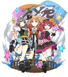 Rule 34 | &gt;:), 10s, 3girls, :d, anchor symbol, black footwear, black gloves, blue eyes, boots, bow, bowtie, braid, checkered clothes, checkered headwear, checkered sleeves, commentary request, cross-laced clothes, cyaron (love live!), dress, fingerless gloves, flag, frilled sleeves, frills, fringe trim, full body, gloves, gold trim, green eyes, grey background, grey hair, grin, group name, hairband, hand on headwear, hat, hat bow, hat ornament, highres, holding, holding flag, jacket, jumping, kinmirai happy end, kurosawa ruby, looking at viewer, love live!, love live! sunshine!!, m/, multiple girls, open mouth, orange hair, outline, pink bow, red eyes, red hair, see-through, see-through sleeves, ship, short hair, short sleeves, side braid, skirt, smile, standing, standing on one leg, star (symbol), star hat ornament, takami chika, thighhighs, transparent background, transparent sleeves, two side up, v-shaped eyebrows, waste-man, watanabe you, watercraft, white legwear, white neckwear, white outline, yellow gloves