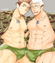 Rule 34 | 2boys, :q, abs, animal ears, bandaid, bandaid on face, bandaid on nose, bara, bare pectorals, blush, briefs, brown hair, bulge, bulge press, bulges touching, camouflage, camouflage shirt, character request, dog tags, erection, erection under clothes, gakei3, green male underwear, heads together, highres, jaguar boy, jaguar ears, large pectorals, male focus, male underwear, mature male, multiple boys, muscular, muscular male, navel, nipples, no pants, open clothes, open shirt, paw print, pectoral docking, pectoral press, pectorals, print male underwear, shirt, short hair, sideburns, stomach, thick thighs, thighs, tokyo houkago summoners, tongue, tongue out, underwear, white hair, yaoi