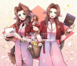 Rule 34 | 3girls, aerith gainsborough, anniversary, artist name, bangle, basket, bracelet, braid, braided ponytail, breasts, brown hair, choker, cleavage, cowboy shot, cropped jacket, dress, final fantasy, final fantasy vii, final fantasy vii remake, flower, flower basket, flower choker, game console, green eyes, hair ribbon, holding, holding basket, holding case, jacket, jewelry, lesuna, long dress, long hair, looking at viewer, low poly, medium breasts, mini person, minigirl, multiple girls, multiple persona, open mouth, parted bangs, patterned background, petals, pink dress, pink ribbon, playstation 4, puffy short sleeves, puffy sleeves, red flower, red jacket, revision, ribbon, short sleeves, sidelocks, smile, standing, teeth, unbuttoned dress, upper teeth only, variations, w arms, wavy hair, white flower, yellow flower